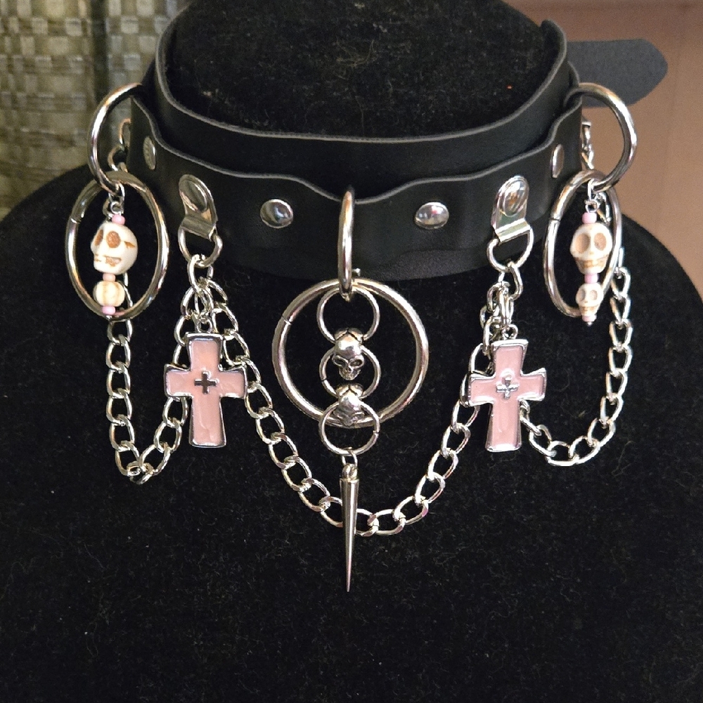 Edgy Black and Silver Choker Necklace with Cross Accents